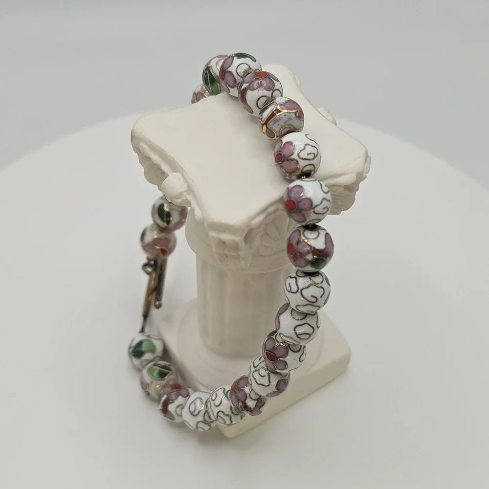 Vtg Authentic Chinese Cloisonné Bracelet Bead White Green‎ Enamel Floral 8